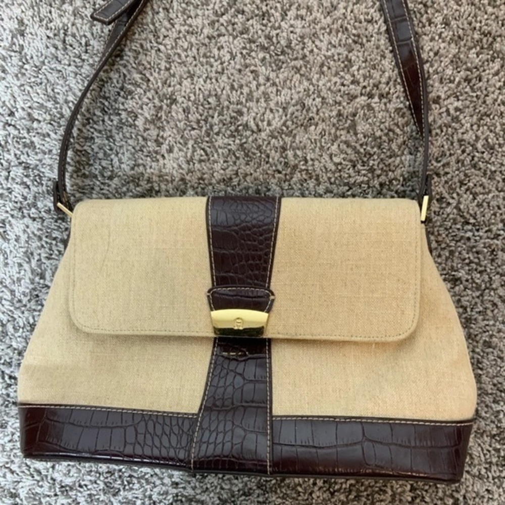 Etienne Aigner Linen and Faux Leather Croc Embossed Shoulder Bag/Purse Tan/brown - Picture 3 of 15